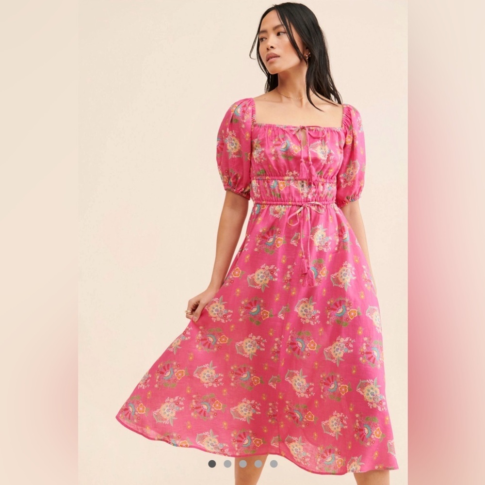 🌺 Spell @ Free People Floral Linen Midi Dress Pink Boho Puff Sleeve Peasant